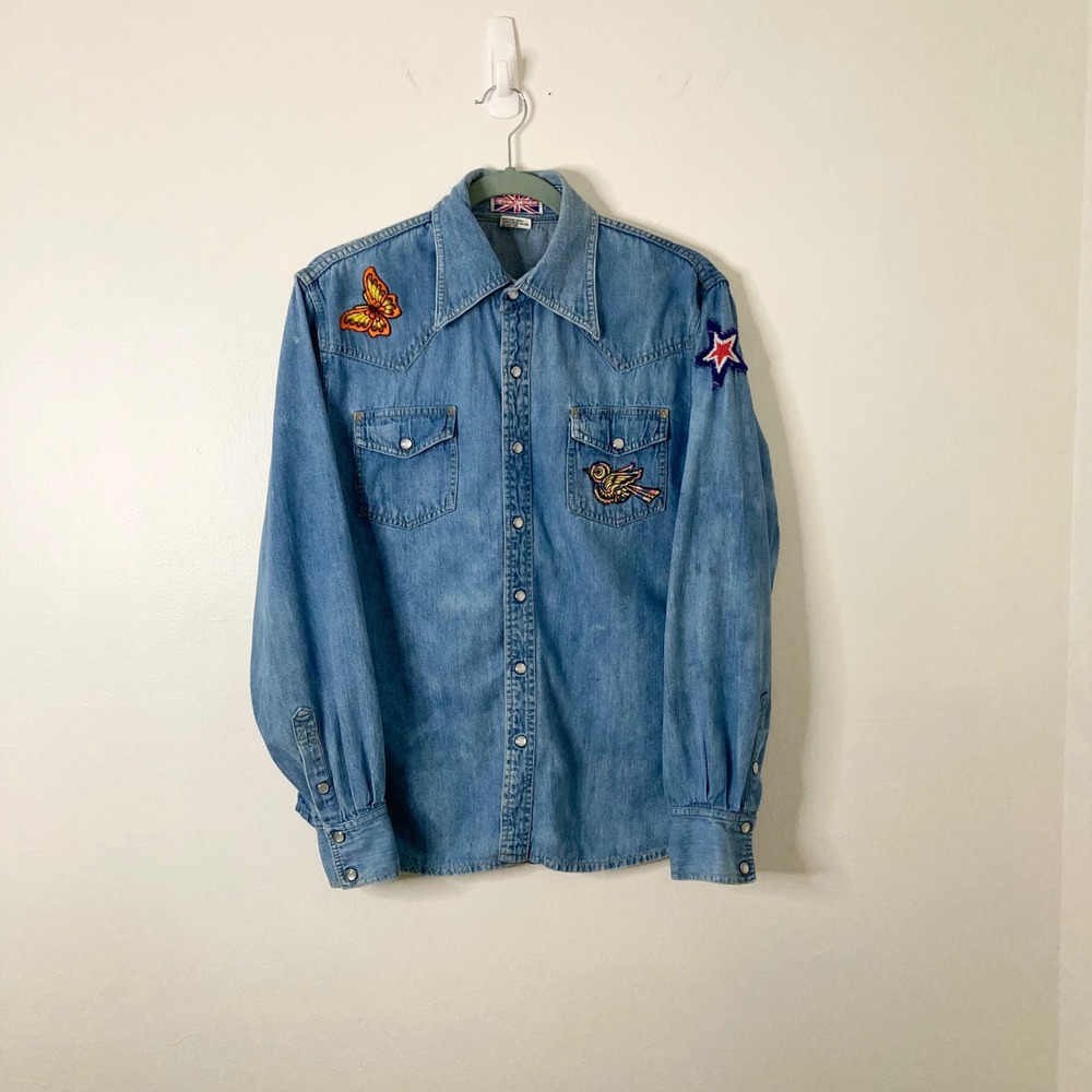 Vtg 70s Britannia Sportswear Denim Western Shirt Pearl Snap Patches Men's L Slim